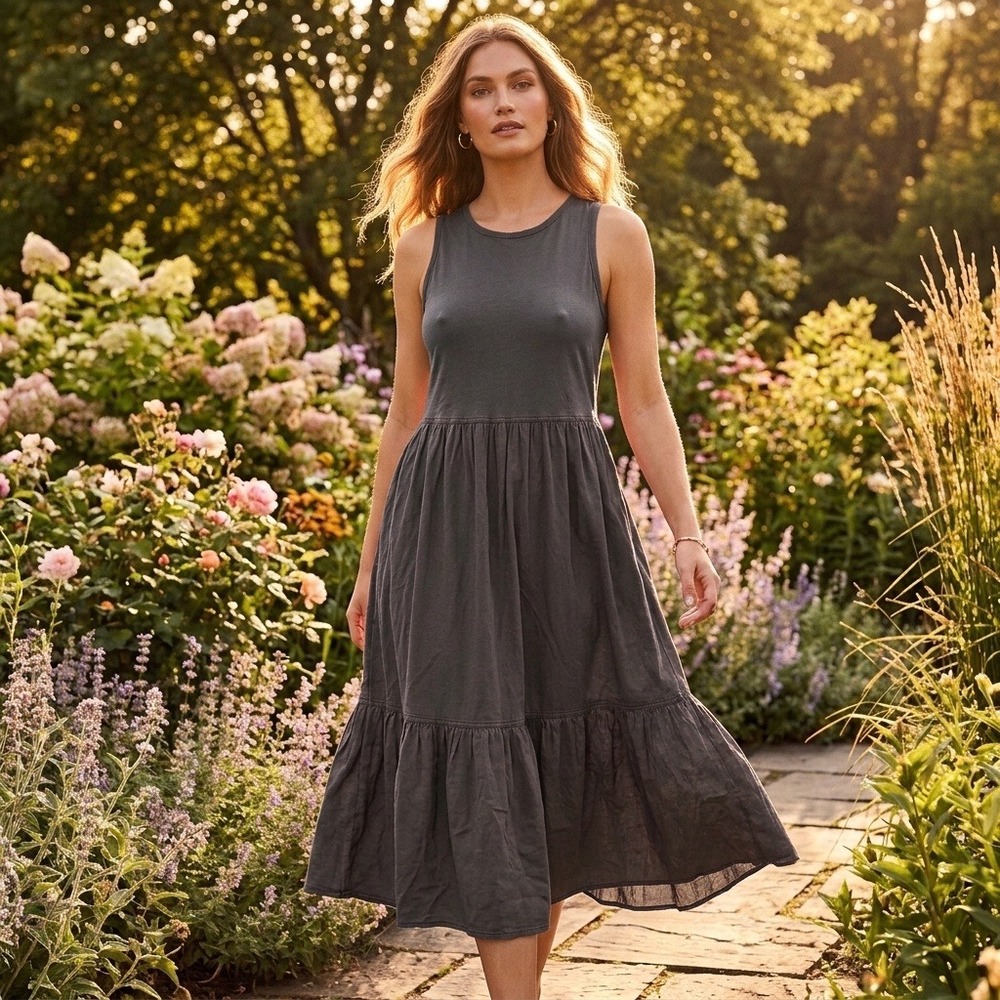 Universal Thread Tiered Dress Womens Medium Gray Sleeveless Cotton‎ Midi
